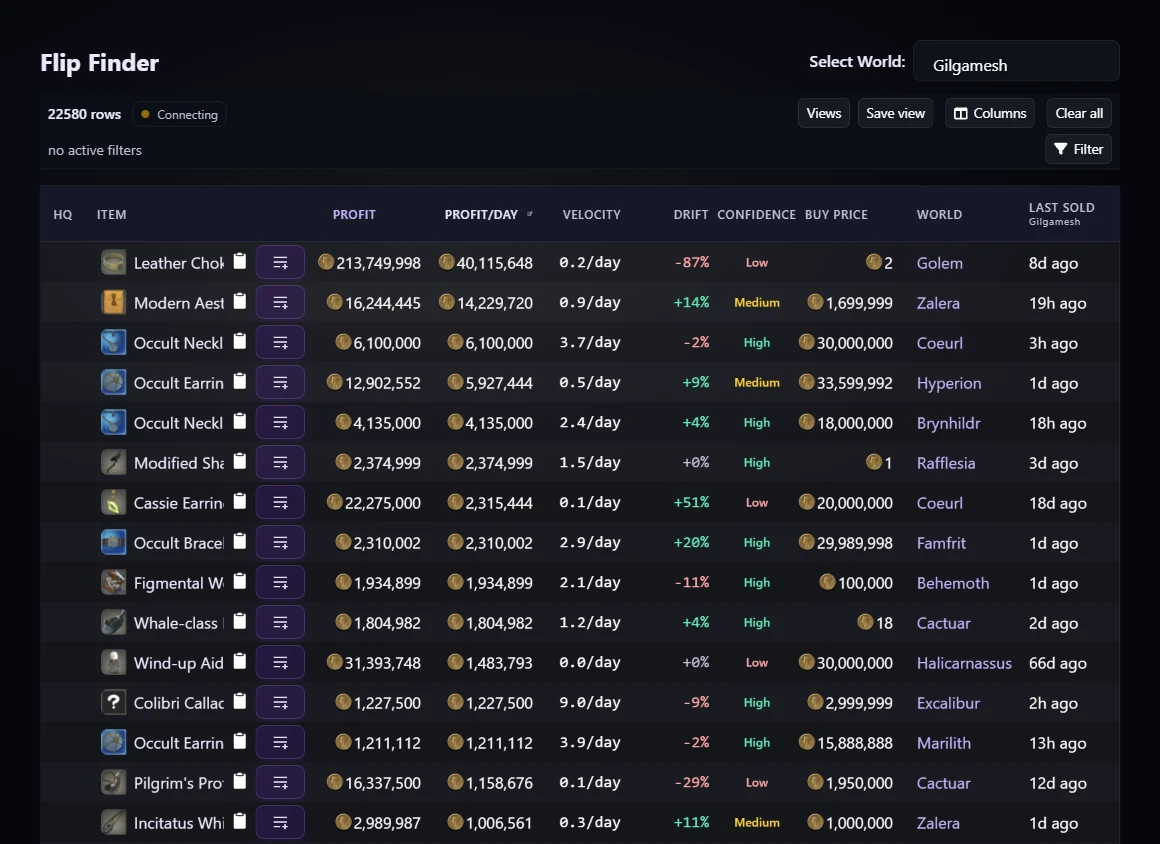 Flip Finder results table with profit, sales velocity, and column filter controls